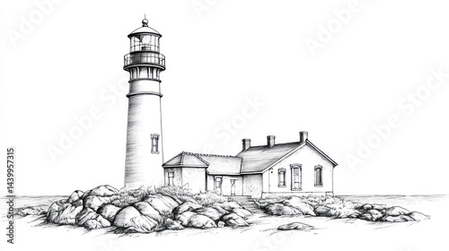 Coastal lighthouse keeper's house, rocky shore, calm sea, nautical illustration