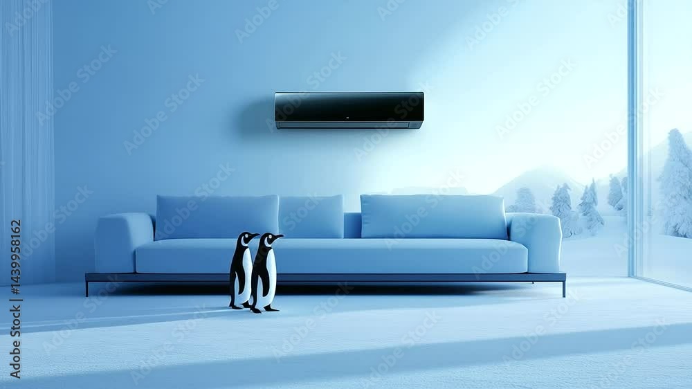 Artfully designed living space with minimalist furniture, blue sofa centerpiece, and mounted air conditioner. Snow on the floor surrounds two curious penguins, blending whimsy with