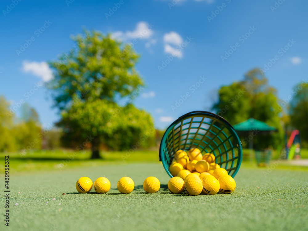 Golf balls and storage basket. Sports and hobbies. Sports competitions and active recreation. Individual and team game. Golf ball on a blurred background.