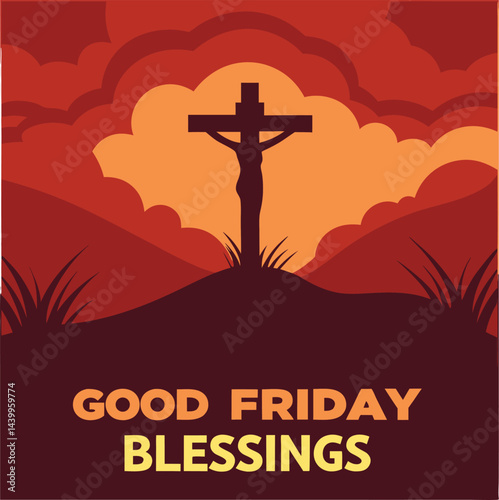 Good Friday Blessings Silhouette Cross Sunset Landscape