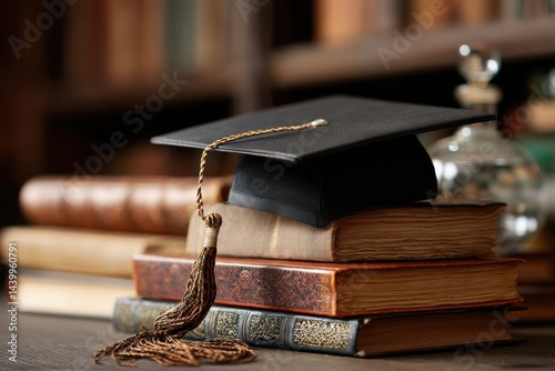 A graduation cap rests atop a stack of antique books, symbolizing the culmination of academic learning and the pursuit of knowledge.