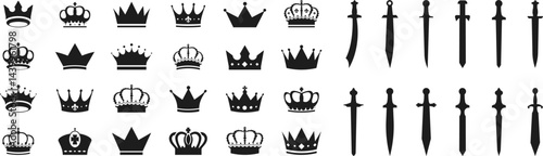 Crown silhouette collection, royal luxury crown set. Swords in flat style. Ancient and medieval swords