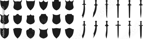 Shields set. Collection of security shield icons. Swords in flat style. Ancient and medieval swords