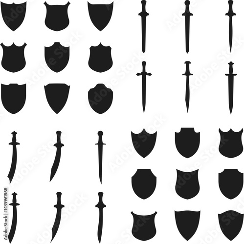 Shields set. Collection of security shield icons. Swords in flat style. Ancient and medieval swords
