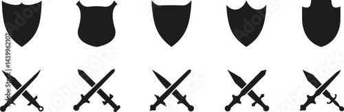 Shields set. Collection of security shield icons. Swords in flat style. Ancient and medieval swords