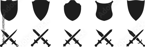 Shields set. Collection of security shield icons. Swords in flat style. Ancient and medieval swords