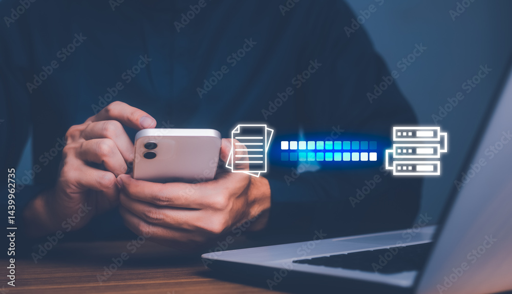 File Transfer Protocol files receiver and computer backup copy. File sharing isometric. Digital system for transferring documents and files online. Data Transfer concept. Document data for backup.