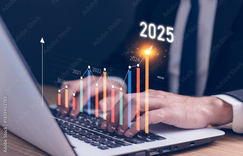 2024 to 2025 business financial plan market concept, performance of profit growth on 2024, education trend up finance on growth graph money revenue, Businessman analyzes profitability of working.