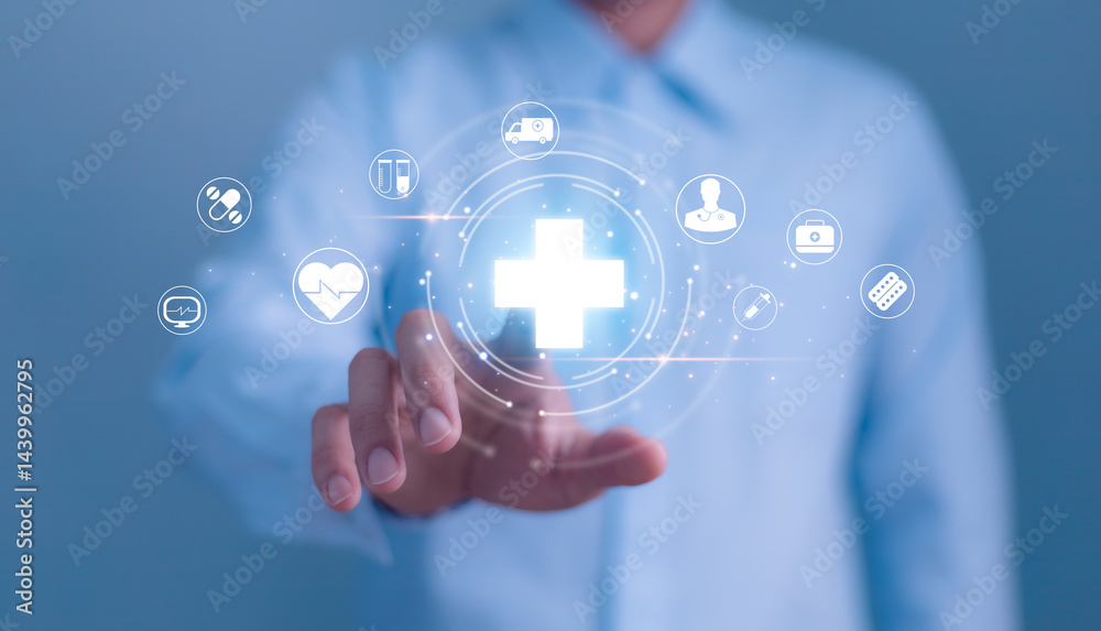 Tacking wooden blocks with healthcare icons, Health insurance health concept. Building a strong health system. Digital health innovation and the future of smart medical services through technology.