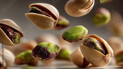 Studio photo of peeled and unpeeled pistachios floating separately in the air, natural beige shells and bright green nuts, clean soft background.