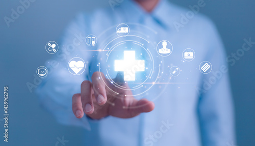 Tacking wooden blocks with healthcare icons, Health insurance health concept. Building a strong health system. Digital health innovation and the future of smart medical services through technology.