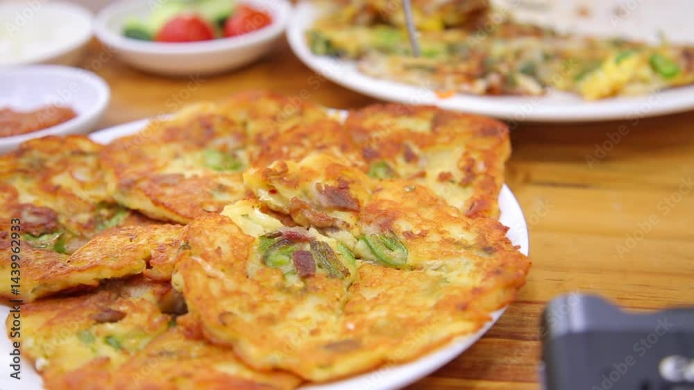 Mung bean pancake cut with chopsticks Mung bean pancake cut with chopsticks