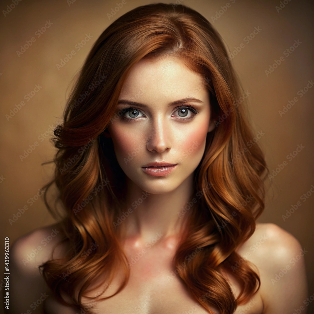 Fototapeta premium A photo featuring a Caucasian female with a Caucasian appearance, appearing to be in her late twenties. She has a fair complexion and a hairstyle with auburn, reddish-brown tints, which is voluminous.