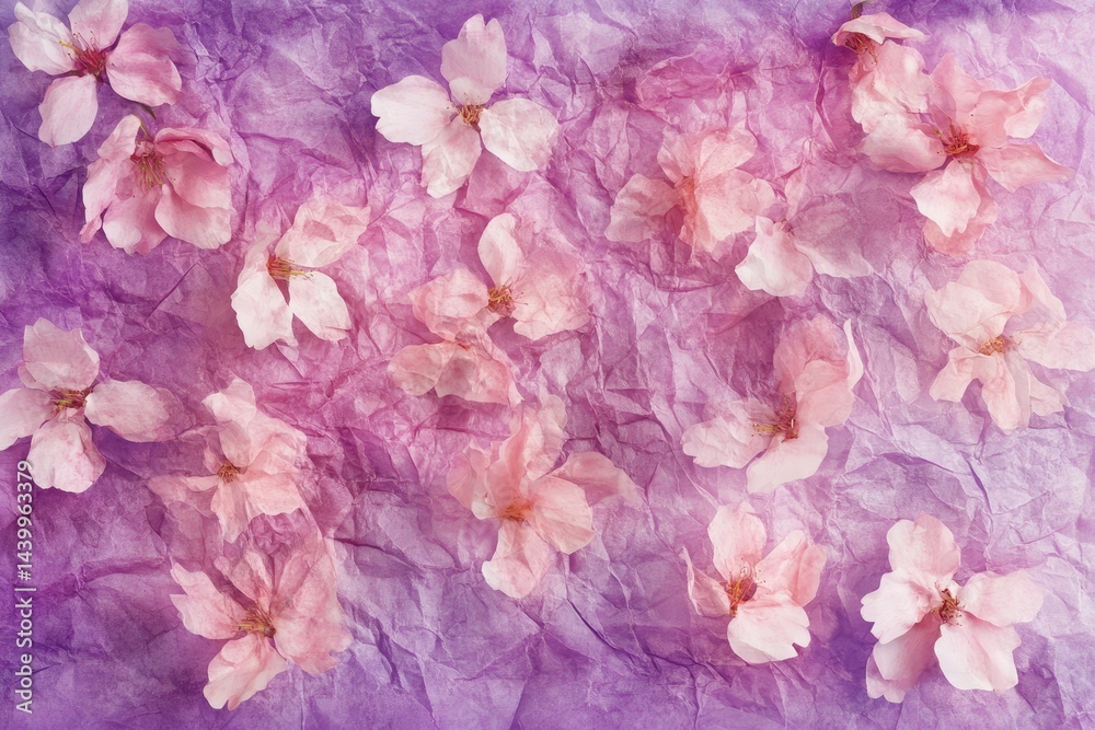 Obraz premium Delicate pink cherry blossoms on crumpled purple paper.