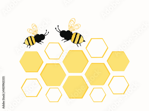 Beehive honey signs with hexagon grid cells and bee cartoons isolated on white background vector.