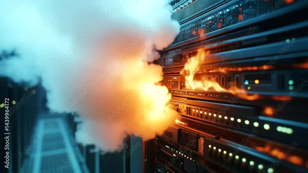 Server Explosion A server rack ablaze in a data center, with flames leaping from the ...
