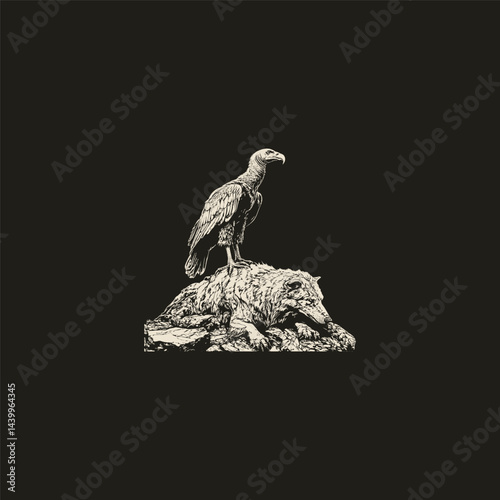 Vulture standing on the carcass of a wolf design vector template illustration