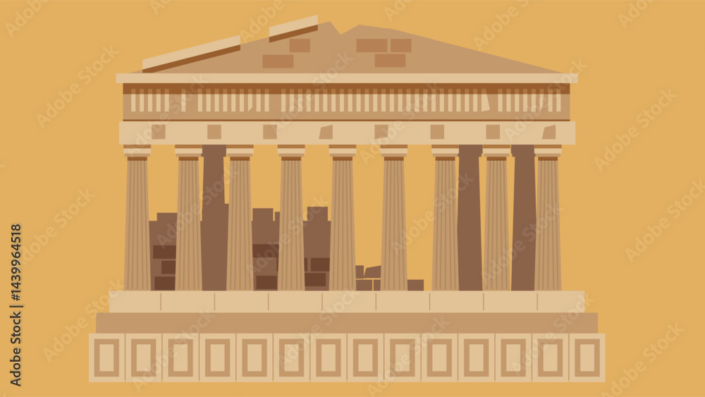 Fototapeta premium Stylized illustration of the Parthenon temple on an orange background. Ancient Greek architecture with iconic columns and triangular pediment in beige and brown tones.