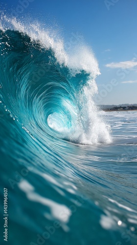 Powerful turquoise wave hollowing, ocean surf, beach background, perfect for surfing or travel promotional material