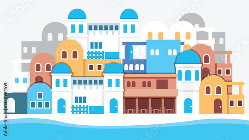 Stylized illustration of a Mediterranean coastal town with white and blue buildings featuring domed roofs. Colorful architecture in white, blue, orange, and terracotta with sea waves below.