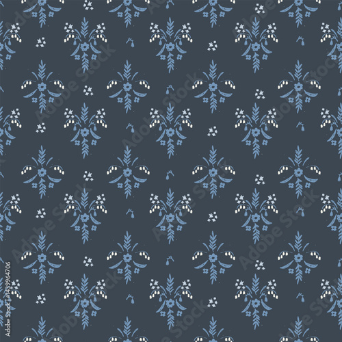 Seamless pattern with hand drawn meadow flowers. Floral Block Prints inspired by printmaking that uses wooden blocks to transfer repeating designs onto textiles.