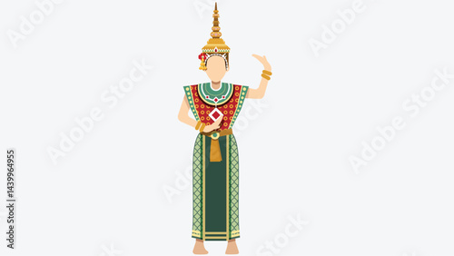 Flat-style illustration of Thai traditional costume, showcasing cultural heritage through elegant patterns, vibrant colors, and classic design