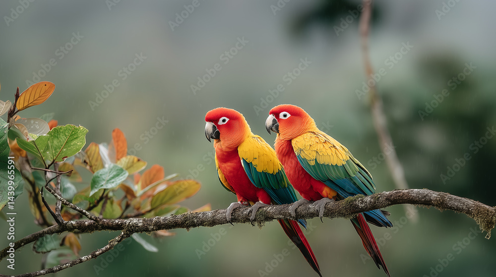 Colorful Pair of Parrots on a Branch, Exotic Birds in Tropical Setting Colorful Pair of Parrots on a Branch, Exotic Birds in Tropical Setting