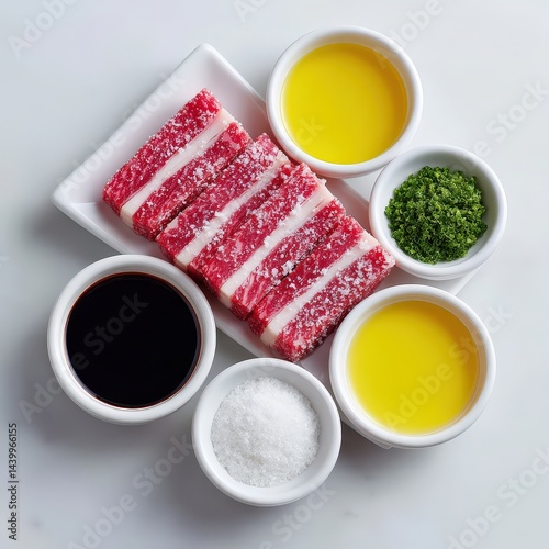 Wagyu sukiyaki platter, ingredients arranged symmetrically, clean white surface