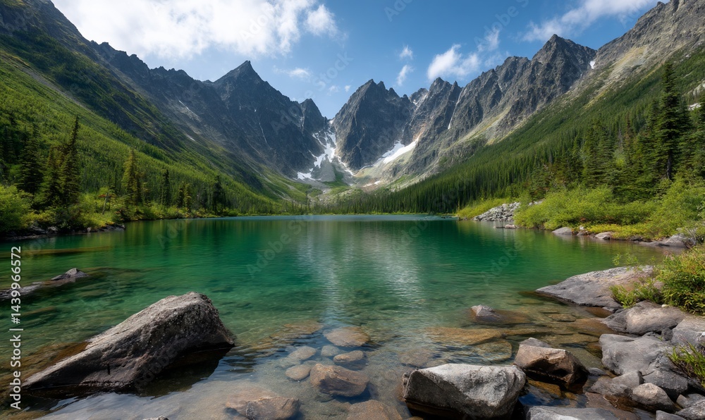 Fototapeta premium Pristine alpine lake nestled amongst towering peaks, clear water reflecting sky and clouds, tranquil mountain scene, possible use for travel brochure or nature calendar