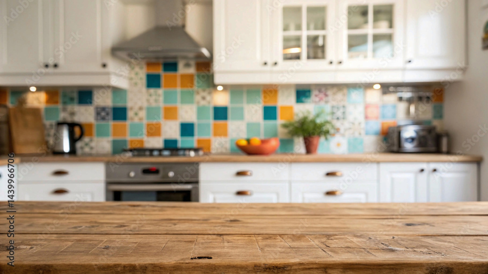 Fototapeta premium The image foregrounds a textured wooden tabletop, behind which a blurred but vibrant kitchen scene unfolds with white cabinetry and a multi-colored backsplash