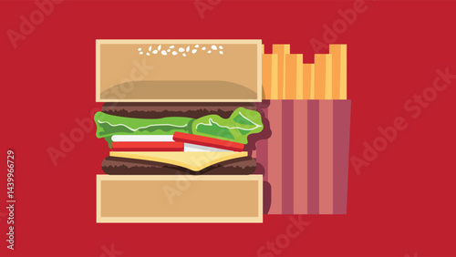 Stylized illustration of a hamburger and french fries on a red background. The burger features sesame seed bun, beef patty, lettuce, tomato, and cheese, alongside golden fries in a striped container.