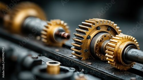 Gold gears rotate on shaft, industrial machinery detail