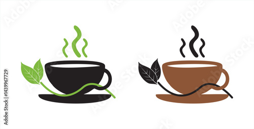 vector illustration of organic leaf tea and coffee logo perfect for coffee shop and restaurant, A green bowl logo with three green leaves emerging from it. The logo conveys an impression of freshness,