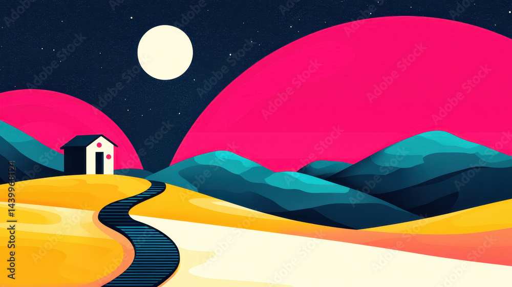 Obraz premium A captivating illustration invites you on an adventurous journey, featu a house and winding path under a vibrant moon with copy space in the mountains.