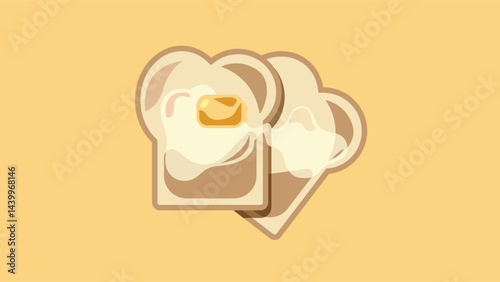 Stylized illustration of toast with butter on an orange background. Two slices of bread with melting butter pats, one showing a cross section with the butter melting into the bread.