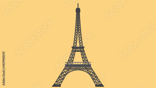 Stylized illustration of the Eiffel Tower on a golden yellow background. The iconic Parisian landmark is depicted in dark gray silhouette with detailed lattice structure and observation decks.