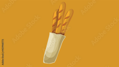 Illustration of a French baguette bread partially wrapped in a paper bag, showcasing its crispy golden crust and long, slender shape, symbolizing traditional French baking