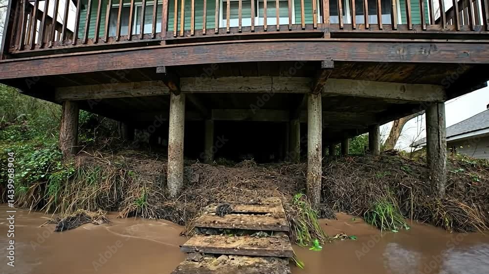 Elevated home with wooden deck partially submerged in muddy floodwater. Steps leading to the house are visible. Debris and vegetation surround the foundation