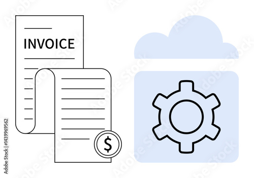 Invoice document with dollar coin beside a gear inside a cloud. Ideal for billing, automation, cloud technology, finance, payment solutions, digital tools, simple landing page