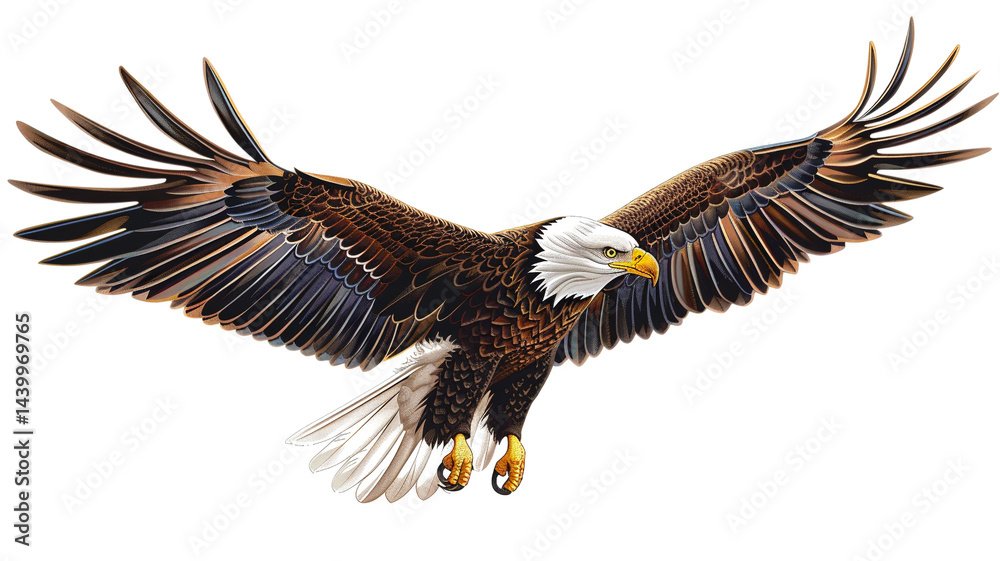 Fototapeta premium Majestic bald eagle in flight with outstretched wings. American symbol of freedom.