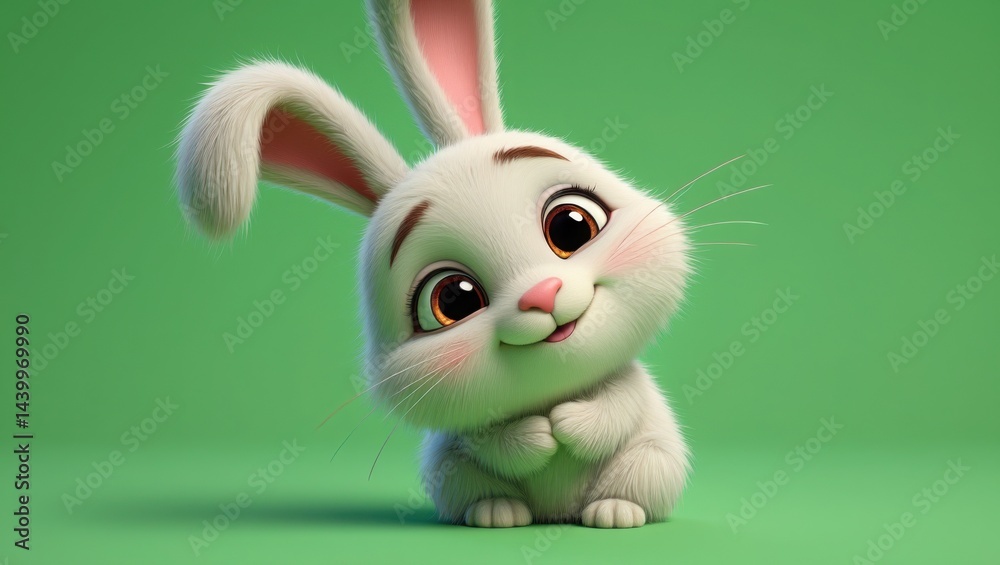 Fototapeta premium Adorable fluffy white bunny on a plain green backdrop looking sweetly at the viewer
