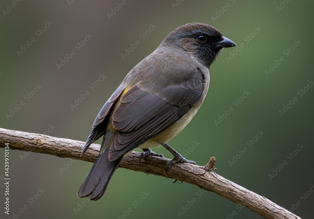 Fototapeta premium A small dark bird perches on a branch looking right with brown, grey, and yellow details in its feathers against a blurry green background.