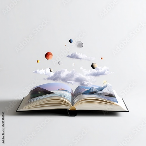 An open book A dream world opening up from an open book, with cosmic landscapes and planets to color. White background --profile b1wsel1.