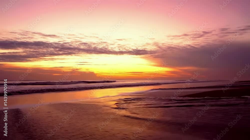 Serene Beach Sunset Scene: Tranquil Water Reflections and m Golden Sky. A sunset over a beach with waves crashing on the shore. Serene Beach Sunset Scene: Tranquil Water Reflections and m Golden Sky. A sunset over a beach with waves crashing on the shore.