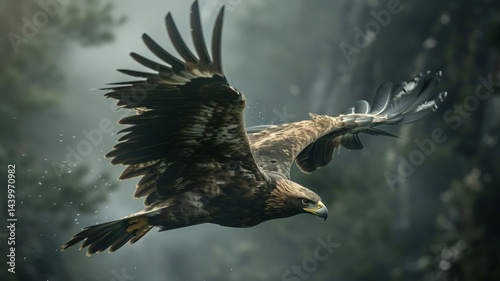 Magnificent golden eagle soaring in flight. Powerful bird of prey in its natural habitat.