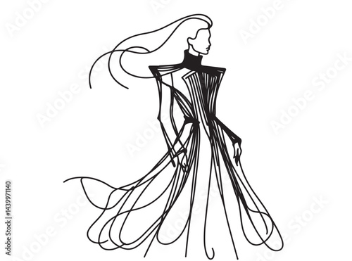 sketch futuristic fashion model in long black dress. Abstract