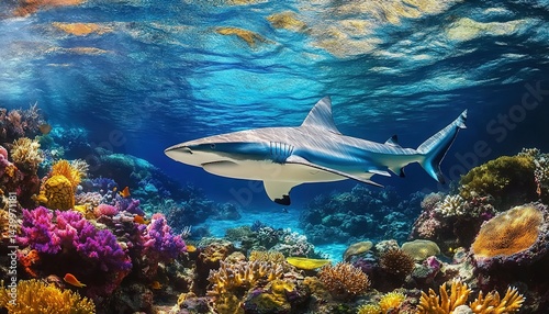 Wallpaper Mural A shark swimming above a vibrant coral reef in the deep-blue ocean with tropical fish. Torontodigital.ca