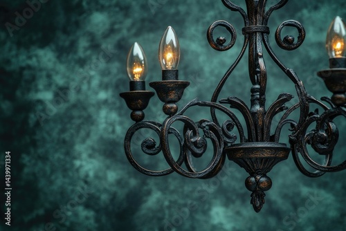 Elegant antique chandelier with ornate metalwork and warm incandescent lights against a dark teal backdrop.