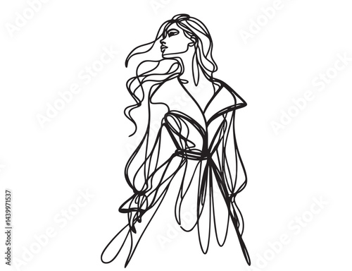 Woman fashion portrait sketch. Black and white. Girl in coat