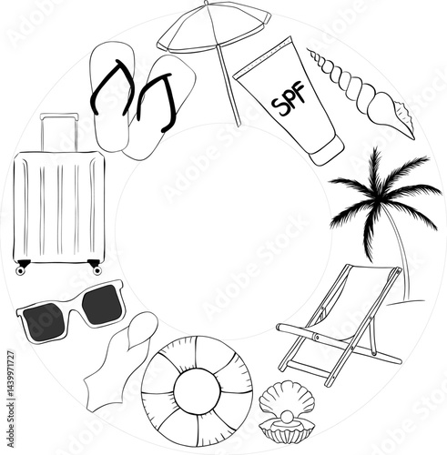 Beach vacation circle round frame template for text. Vector graphic line ink illustration. Black silhouette with place for your text on white background. for banner, poster, brochure, wallpaper.